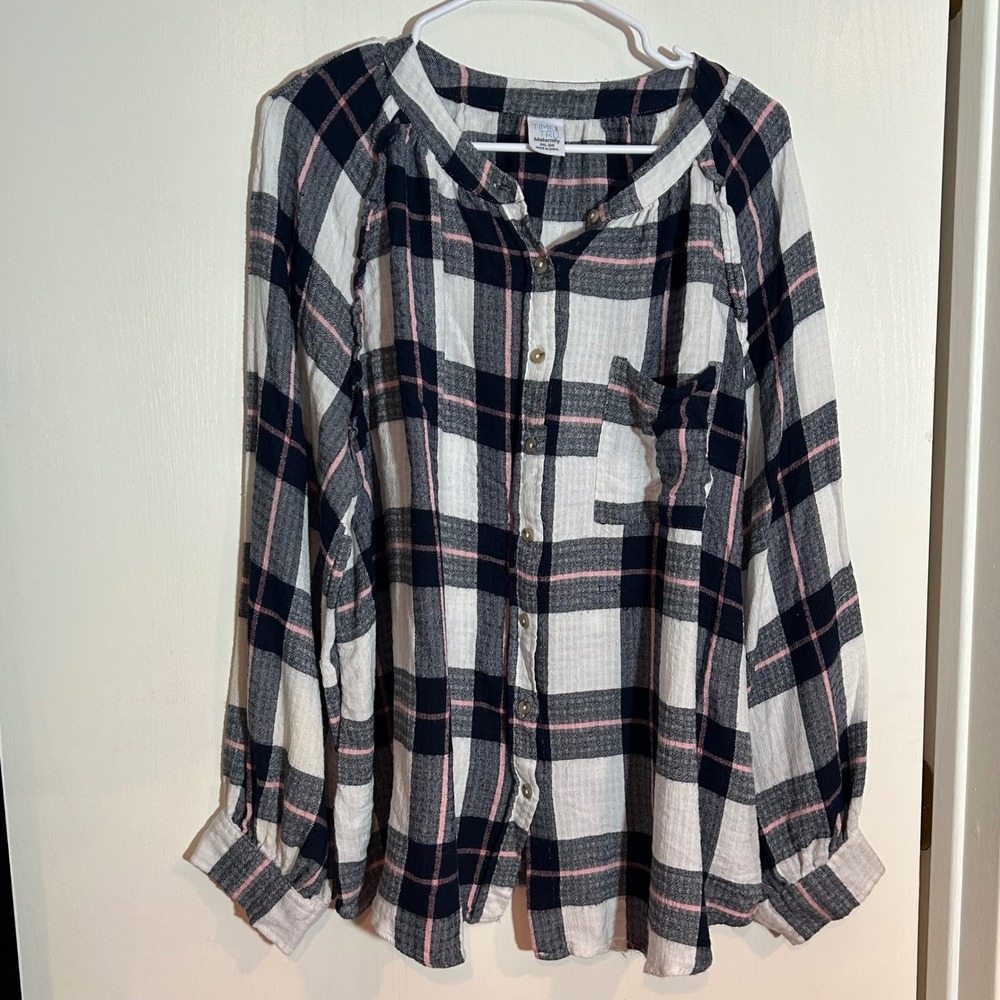 Time and Tru Maternity‎ XXL 20 Plaid Button Down Shirt Navy White Pink